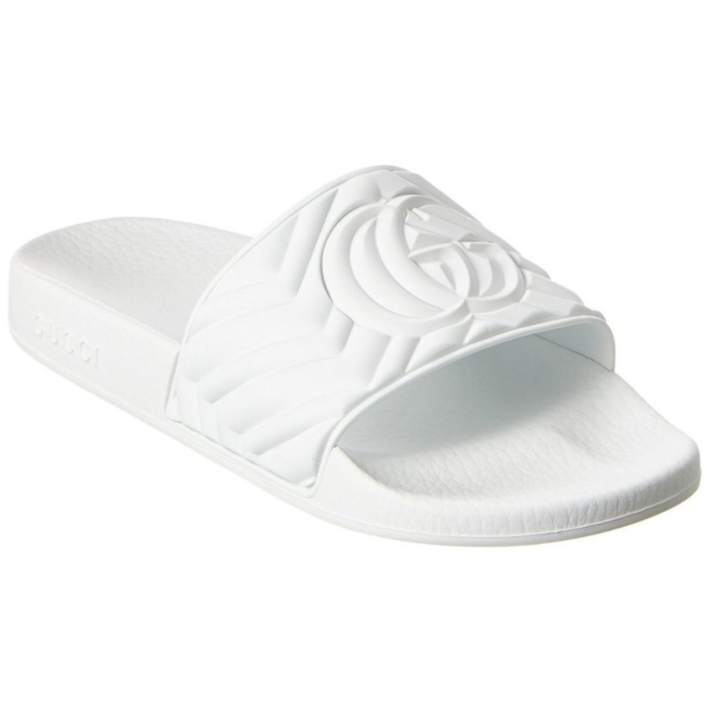 Gucci White Embossed Camellia Slide Sandals